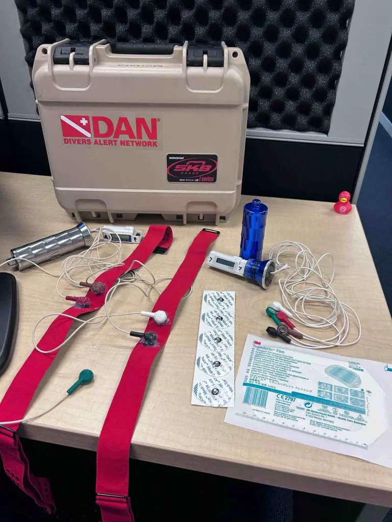 A jumble of EKG leads sitting on a table connected to the custom housed, submersible EKG monitors and dry electrodes.
