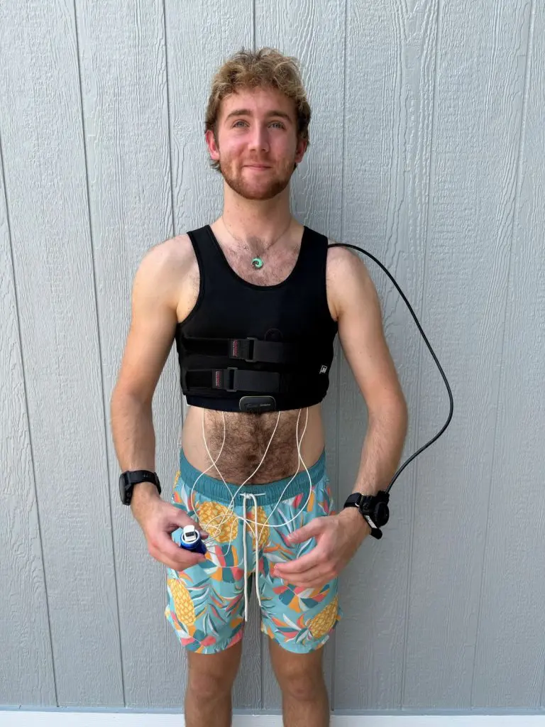 Trystan wearing a standard 5 lead holter monitor and the custom sensor array harness