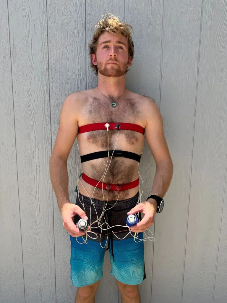 Trystan wearing the custom dry electrode EKG bands as well as a Garming heart rate monitor band